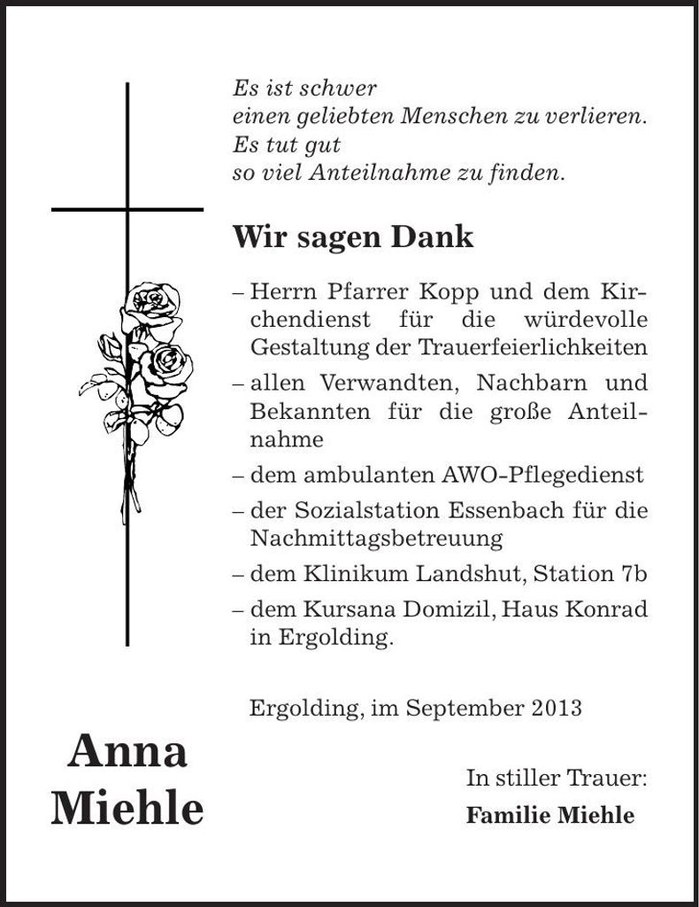 Traueranzeige Anna Miehle