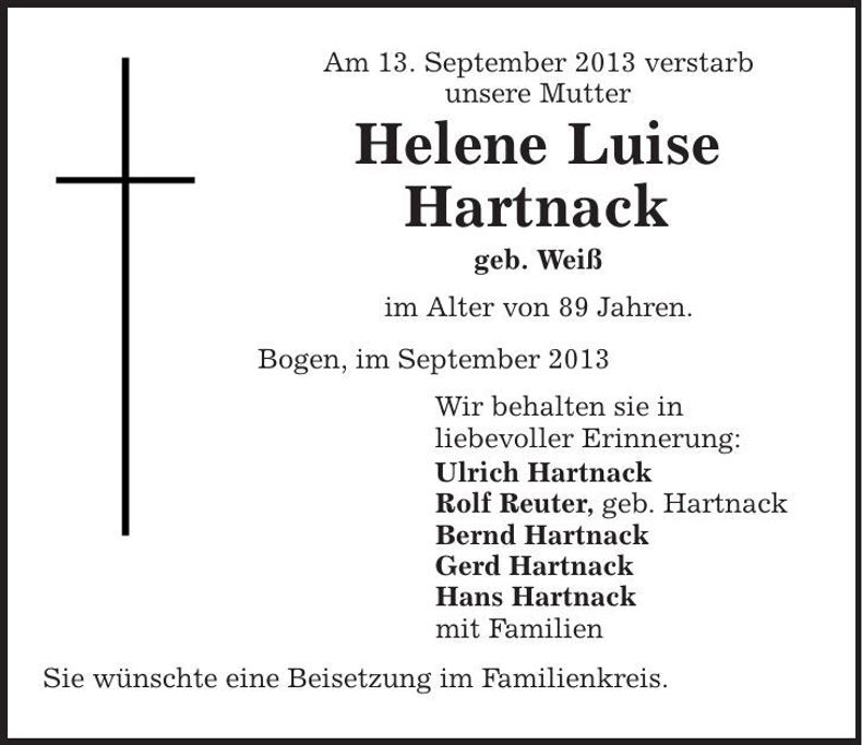 Traueranzeige Helene Hartnack