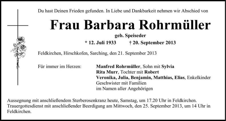 Traueranzeige Barbara Rohrmüller
