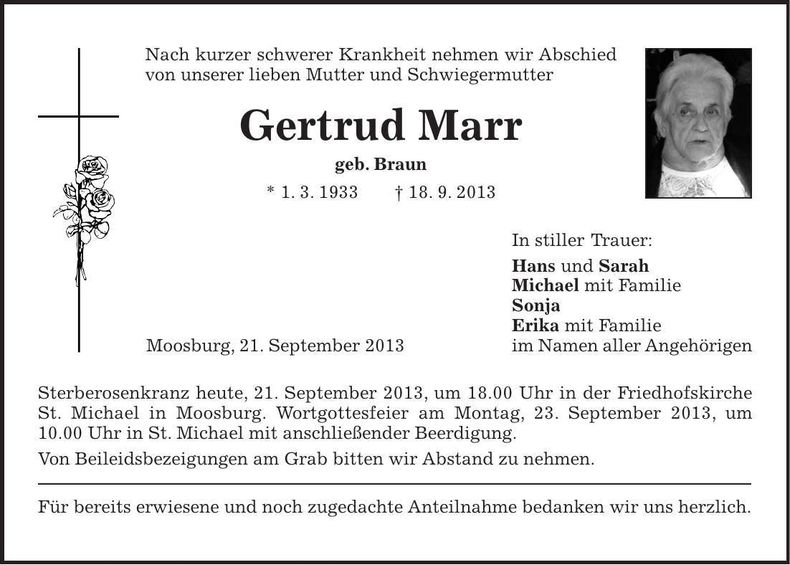 Traueranzeige Gertrud Marr