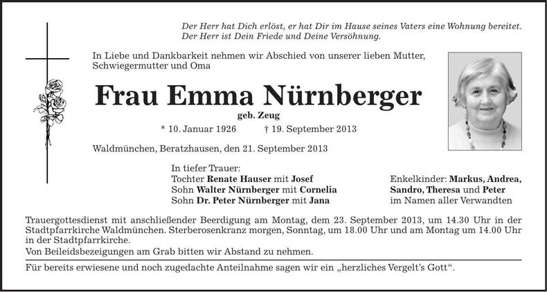 Traueranzeige Emma Nürnberger