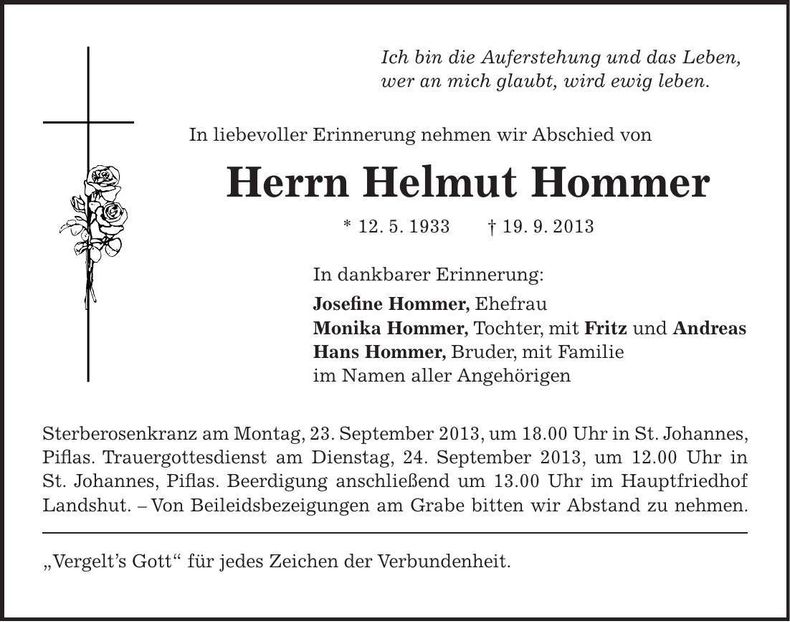 Traueranzeige Helmut Hommer
