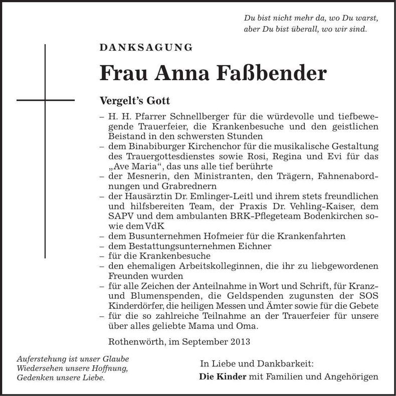 Traueranzeige Anna Faßbender