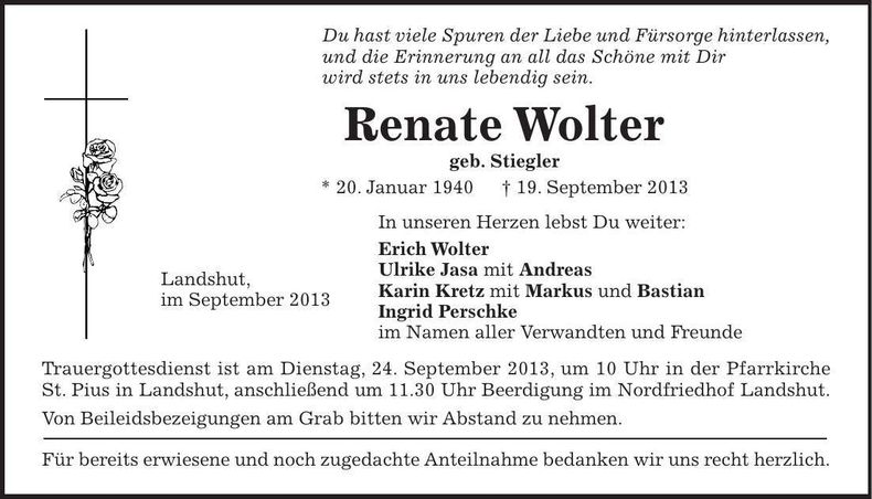 Traueranzeige Renate Wolter