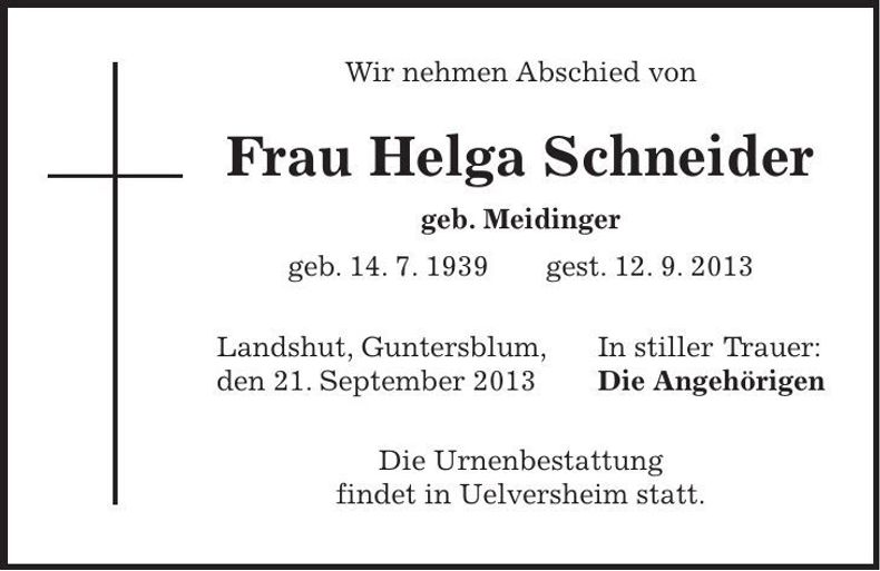 Traueranzeige Helga Schneider