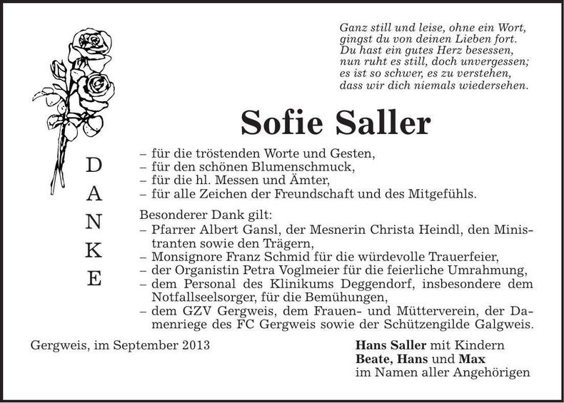 Traueranzeige Sofie Saller