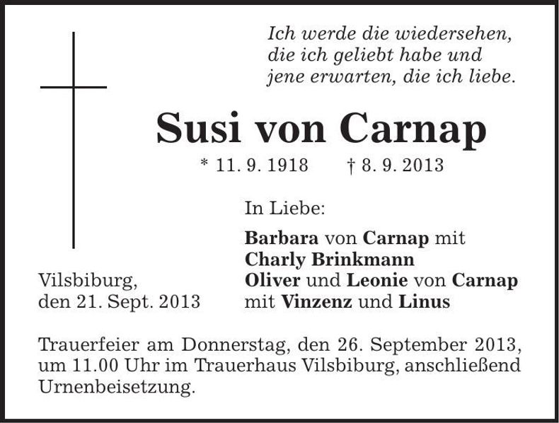 Traueranzeige Susi von Carnap