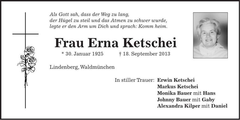 Traueranzeige Erna Ketschei