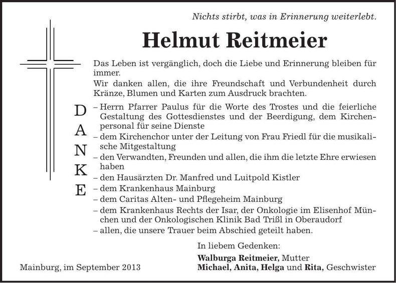 Traueranzeige Helmut Reitmeier