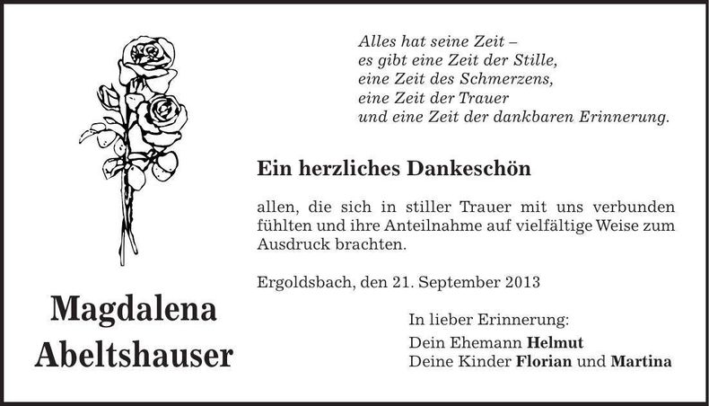 Traueranzeige Magdalena Abeltshauser