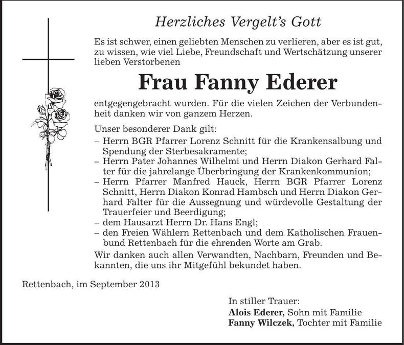 Traueranzeige Fanny Ederer