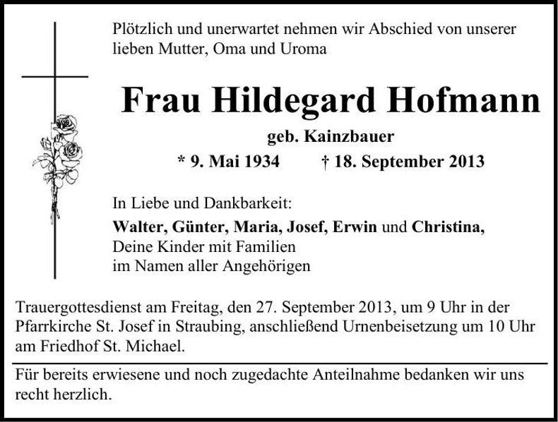 Traueranzeige Hildegard Hofmann