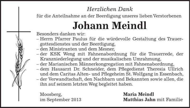 Traueranzeige Johann Meindl