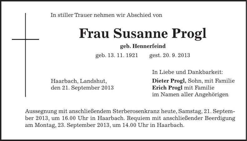 Traueranzeige Susanne Progl