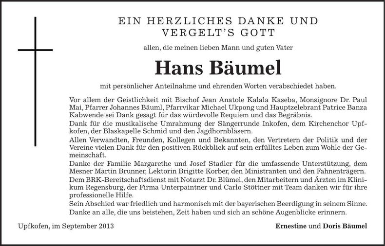 Traueranzeige Hans Bäumel