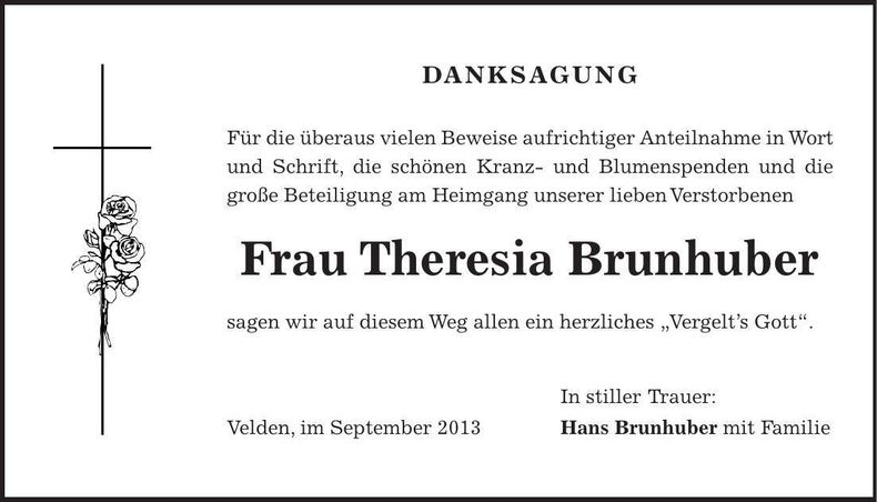 Traueranzeige Theresia Brunhuber