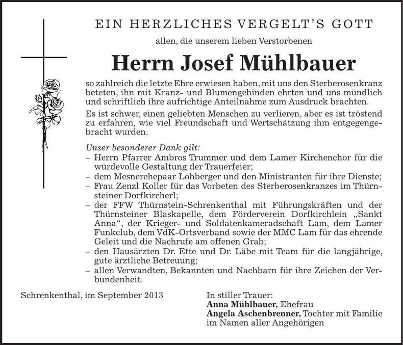 Traueranzeige Josef Mühlbauer