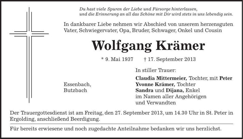 Traueranzeige Wolfgang Krämer