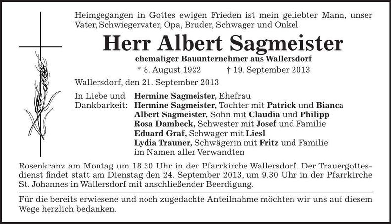 Traueranzeige Albert Sagmeister