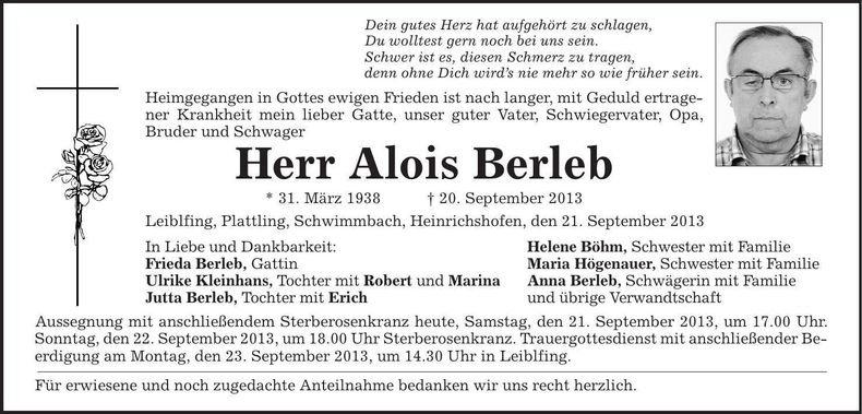 Traueranzeige Alois Berleb