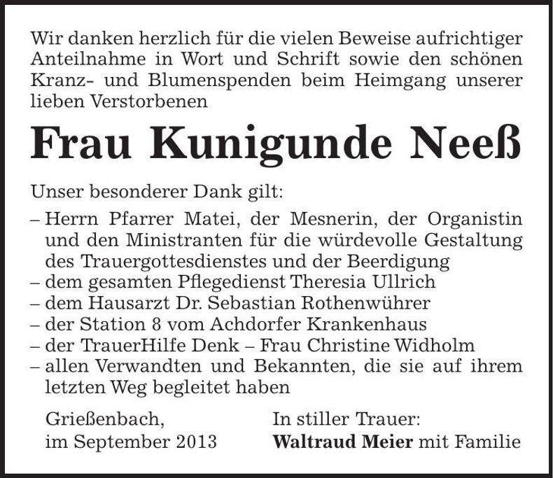 Traueranzeige Kunigunde Neeß