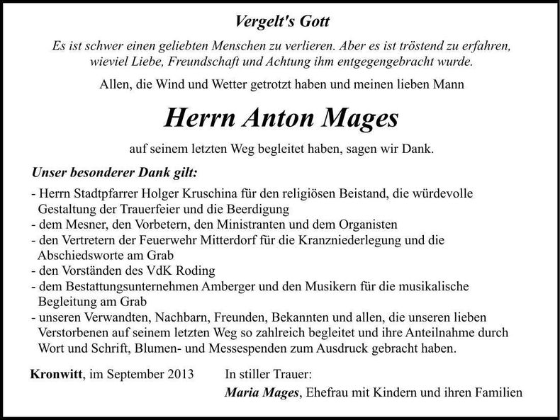 Traueranzeige Anton Mages