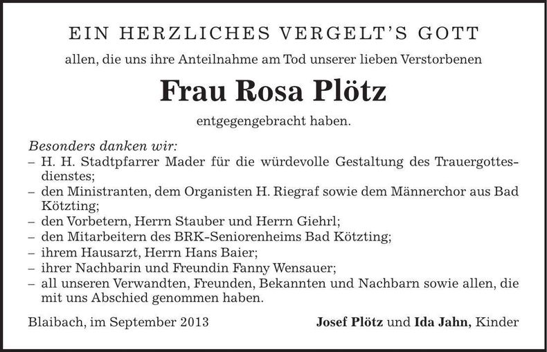 Traueranzeige Rosa Plötz