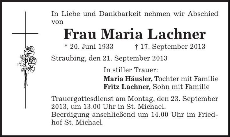 Traueranzeige Maria Lachner