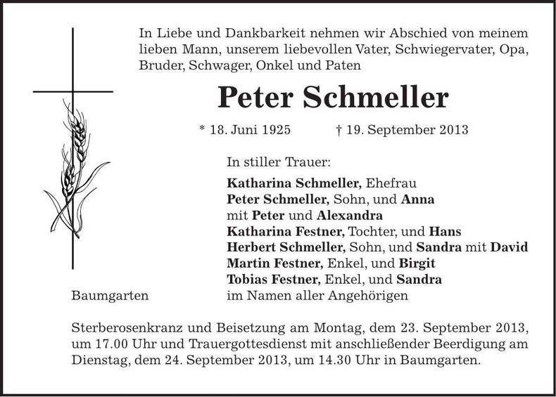 Traueranzeige Peter Schmeller