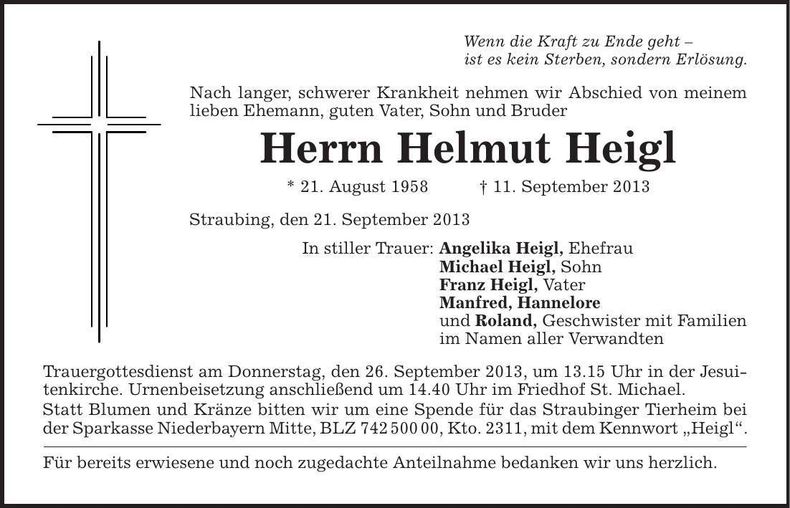 Traueranzeige Helmut Heigl