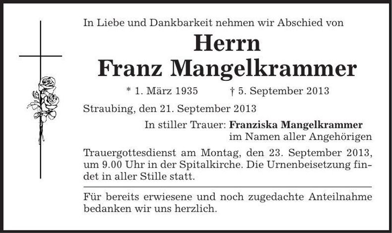 Traueranzeige Franz Mangelkrammer