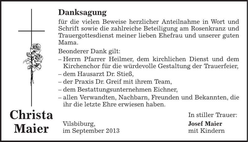Traueranzeige Christa Maier
