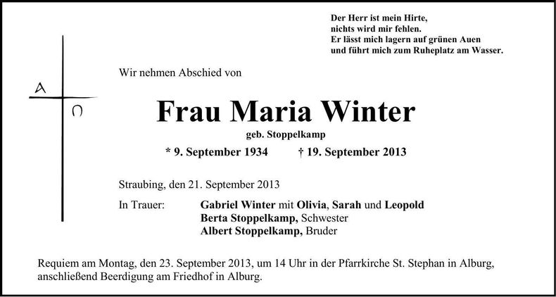 Traueranzeige Maria Winter