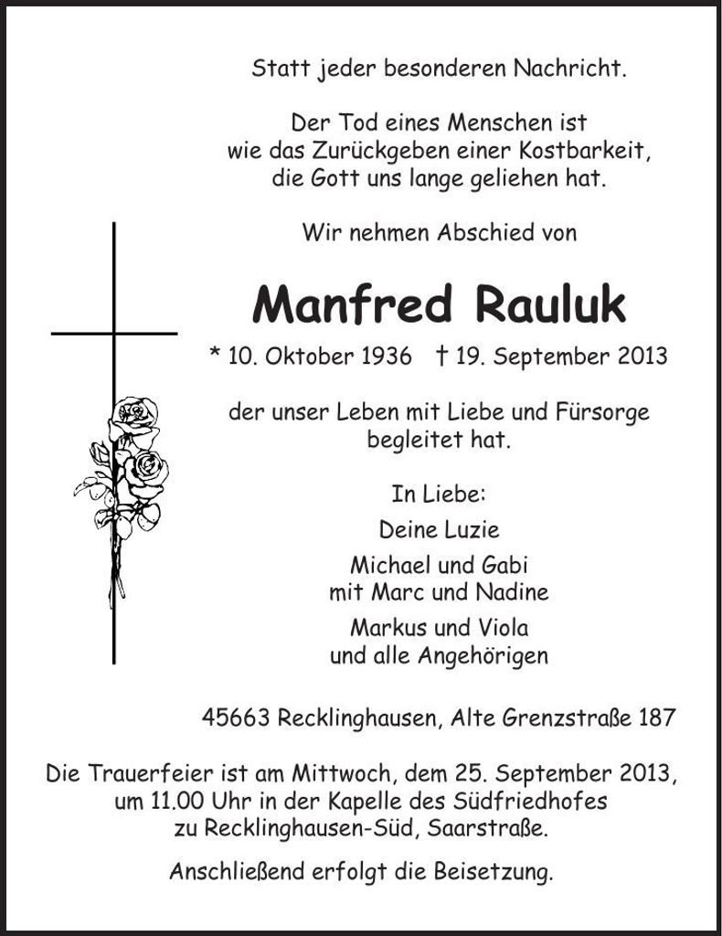 Traueranzeige Manfred Rauluk