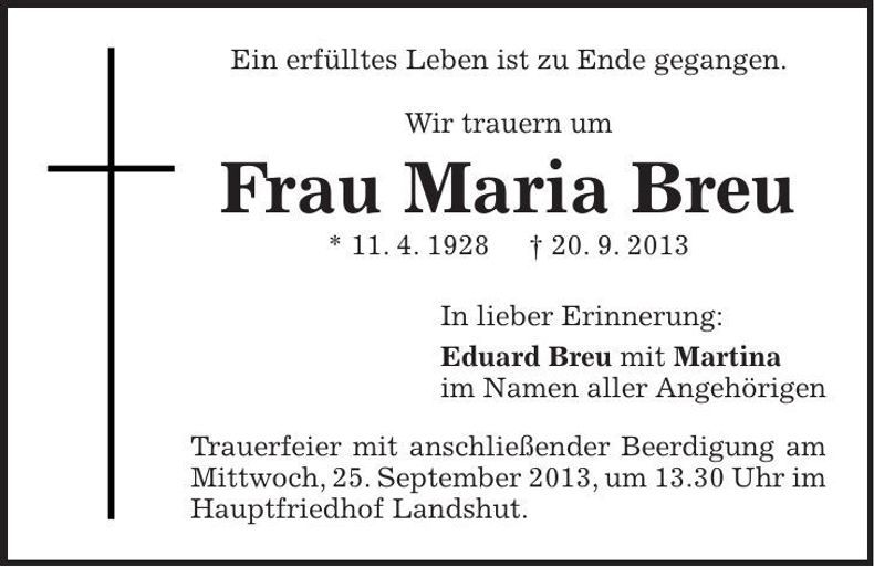Traueranzeige Maria Breu
