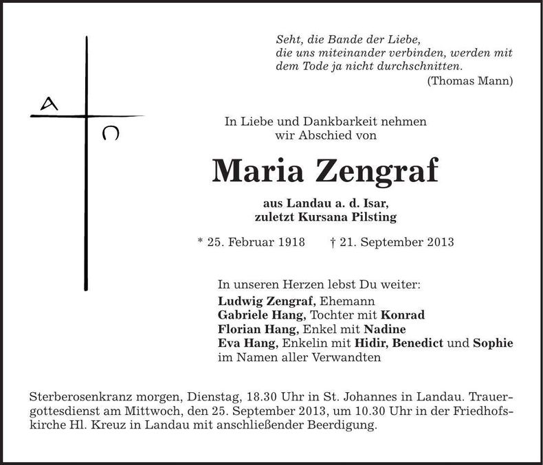 Traueranzeige Maria Zengraf