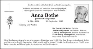 Traueranzeige Anna Bothe