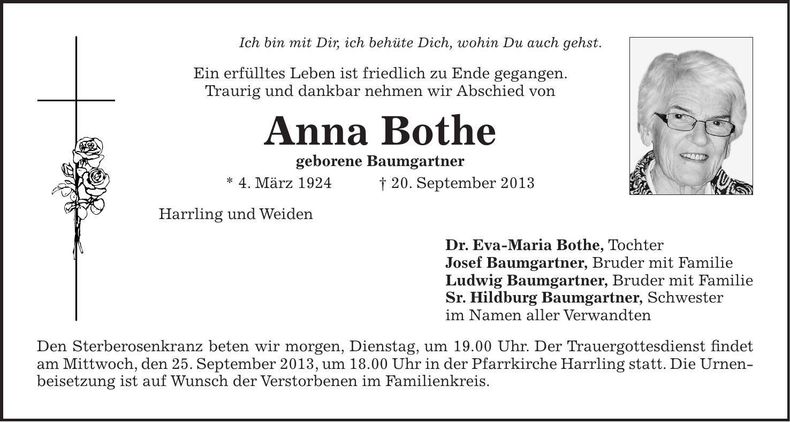 Traueranzeige Anna Bothe