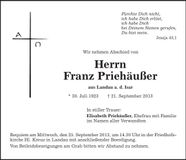 Traueranzeige Franz Priehäußer