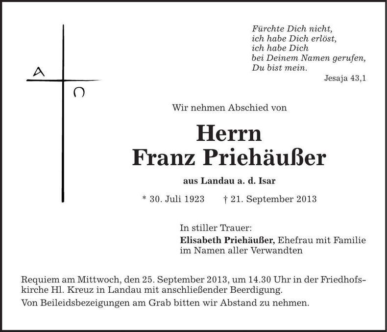 Traueranzeige Franz Priehäußer