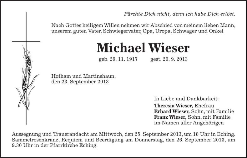 Traueranzeige Michael Wieser