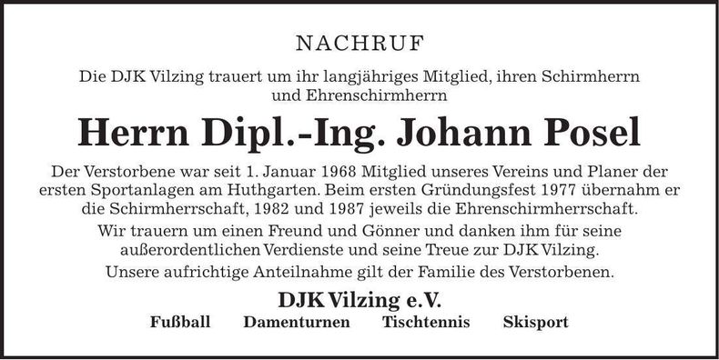 Traueranzeige Johann Posel