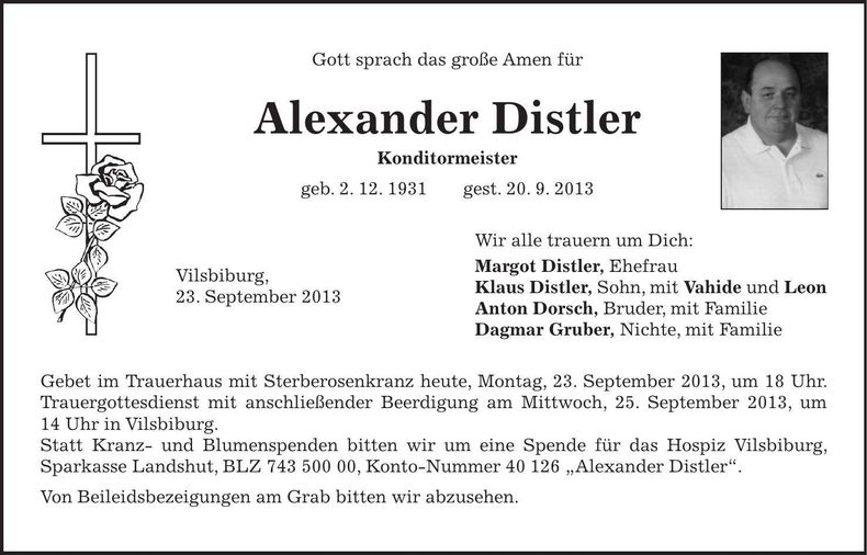 Traueranzeige Alexander Distler