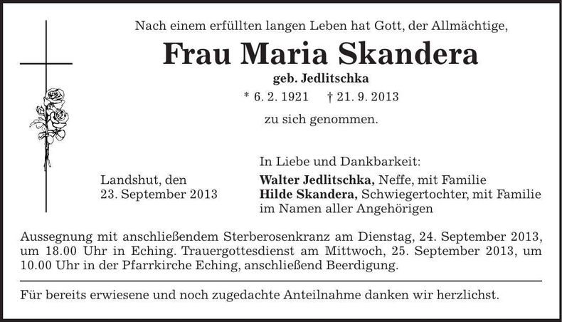 Traueranzeige Maria Skandera
