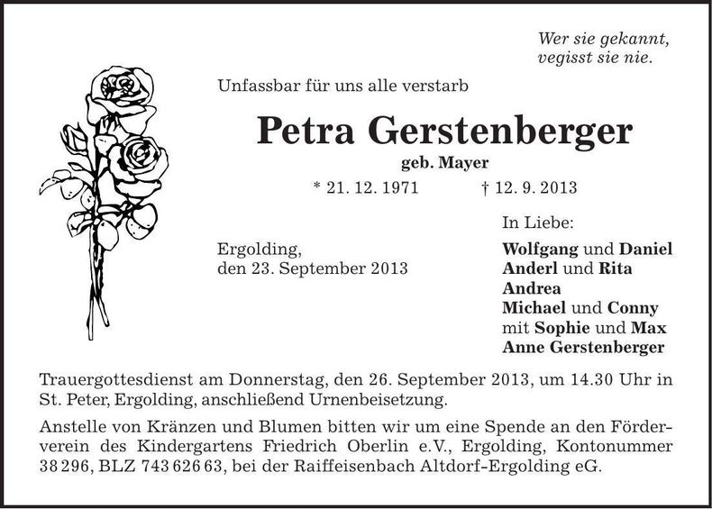 Traueranzeige Petra Gerstenberger
