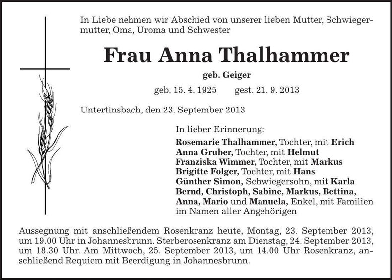 Traueranzeige Anna Thalhammer