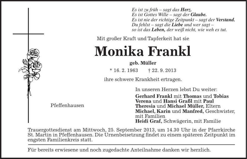 Traueranzeige Monika Frankl