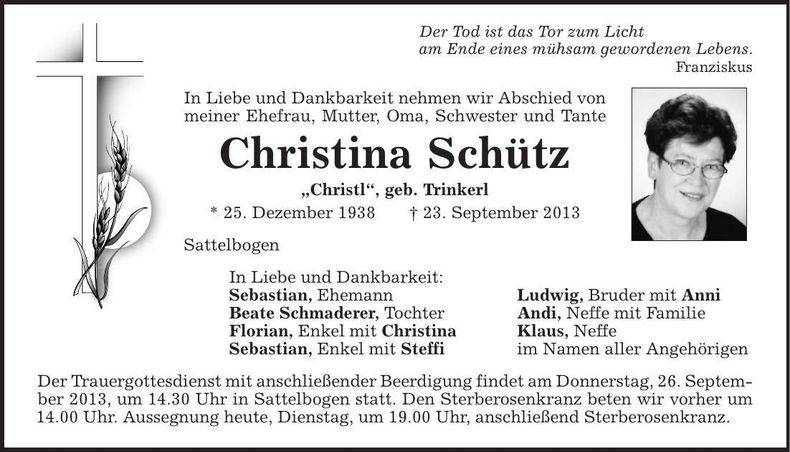 Traueranzeige Christina Schütz