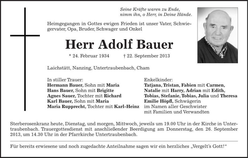 Traueranzeige Adolf Bauer