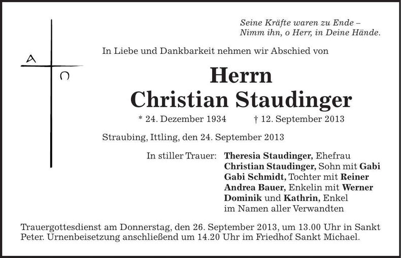 Traueranzeige Christian Staudinger